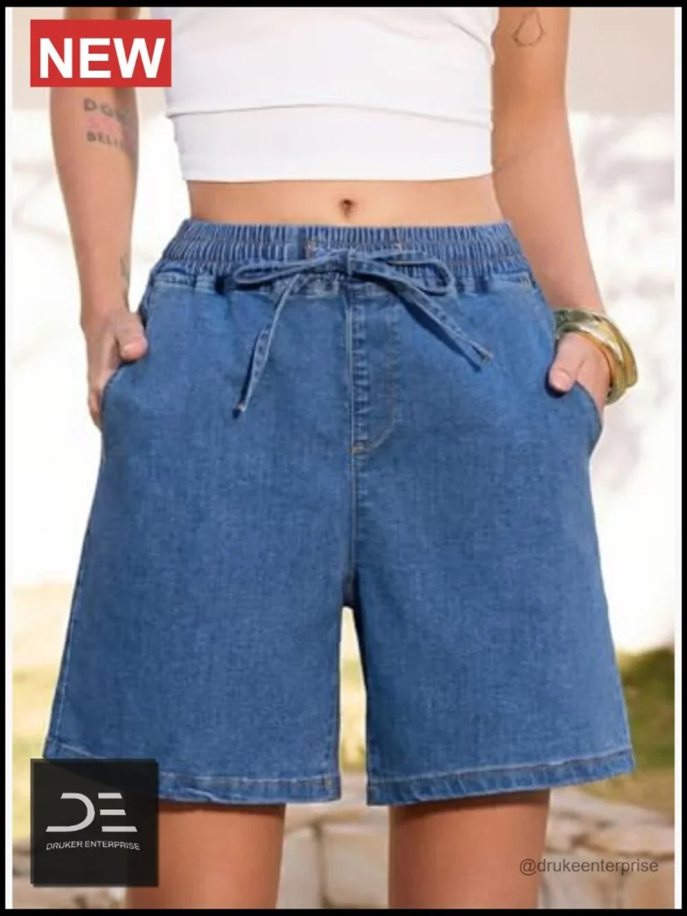 High Waisted Stretchy Drawstring Elastic Waist Baggy Denim Shorts